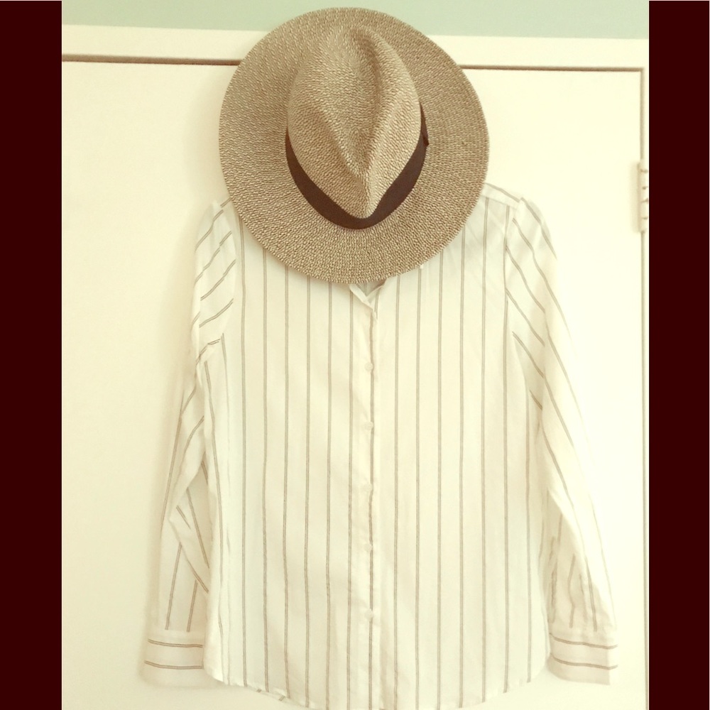 White Button up blouse with black Stripes